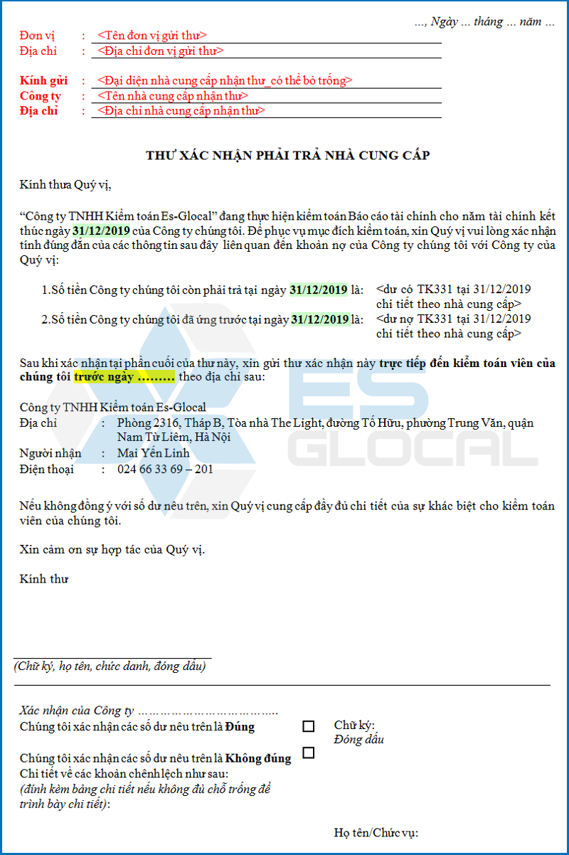 Mẫu thư xác nhận khoản phải trả nhà cung cấp Mẫu thư xác nhận khoản phải trả nhà cung cấp