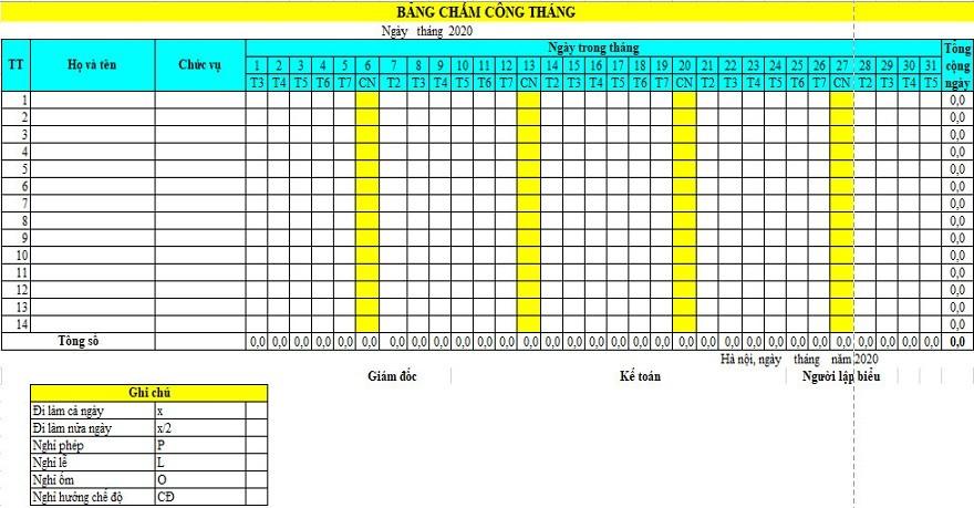 Mẫu bảng chấm công năm 2020 mau