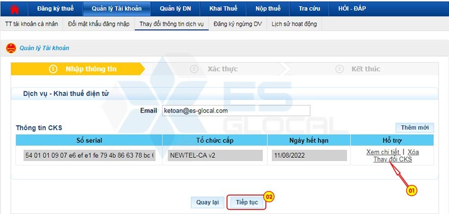 Thay đổi số serial của dịch vụ khai thuế điện tử Thay đổi số serial của dịch vụ khai thuế điện tử