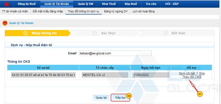 Thay đổi số serial của dịch vụ nộp thuế điện tử Thay đổi số serial của dịch vụ nộp thuế điện tử