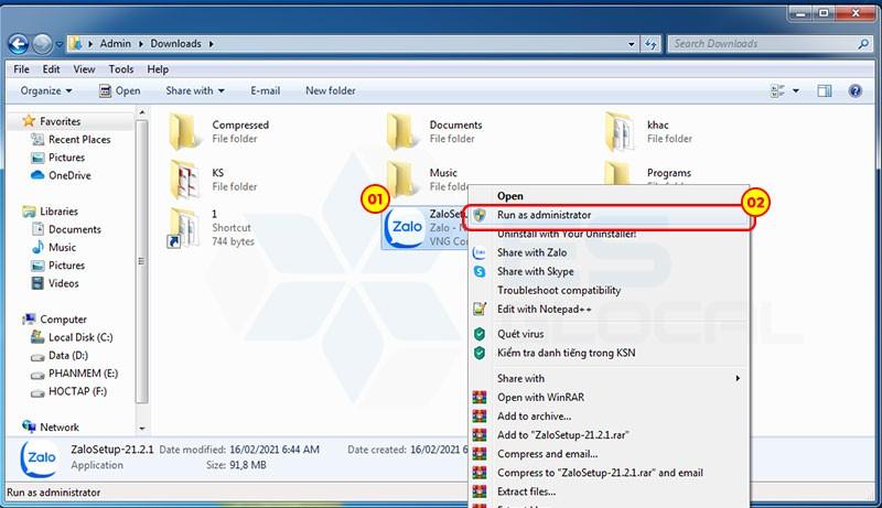 Chọn run as administrator để cài đặt zalo máy tính Chọn run as administrator để cài đặt zalo máy tính