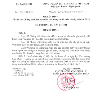 Danh sách cấp chứng chỉ kiểm toán viên và kế toán viên năm 2018